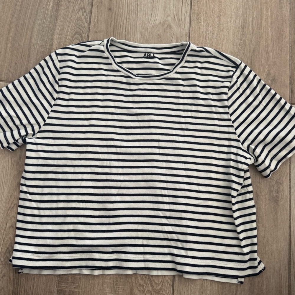 ABLE cropped navy and white striped top. Size large